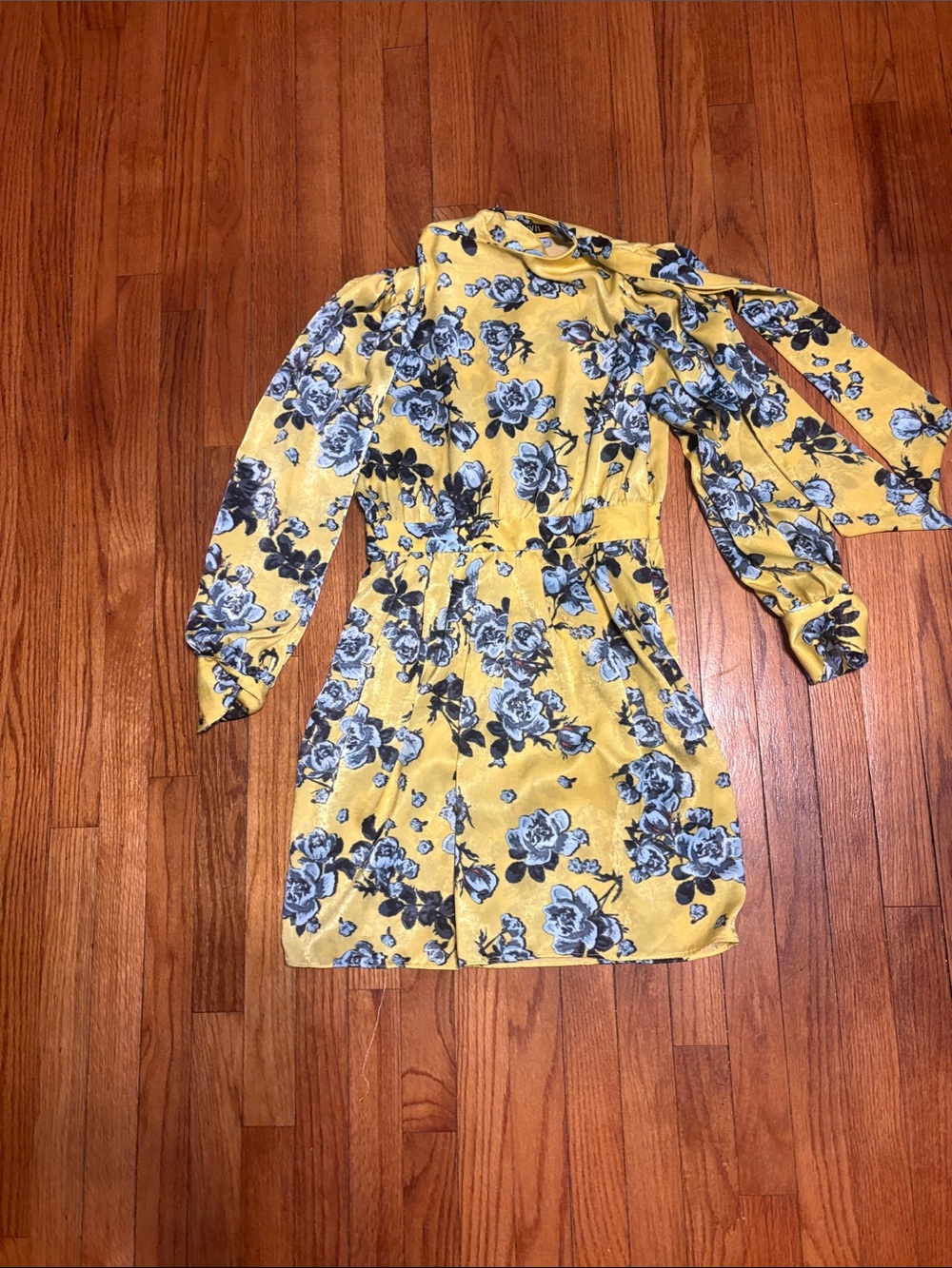 Zara Yellow Long Sleeve Floral Tie-Neck Dress